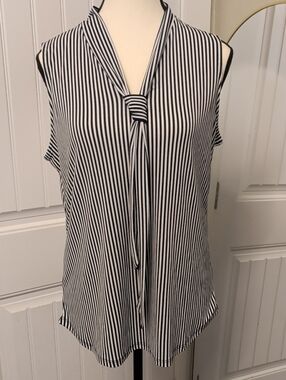 Adrianna Papell Black and White Vertical Stripe Tie-Neck Sleeveless Top